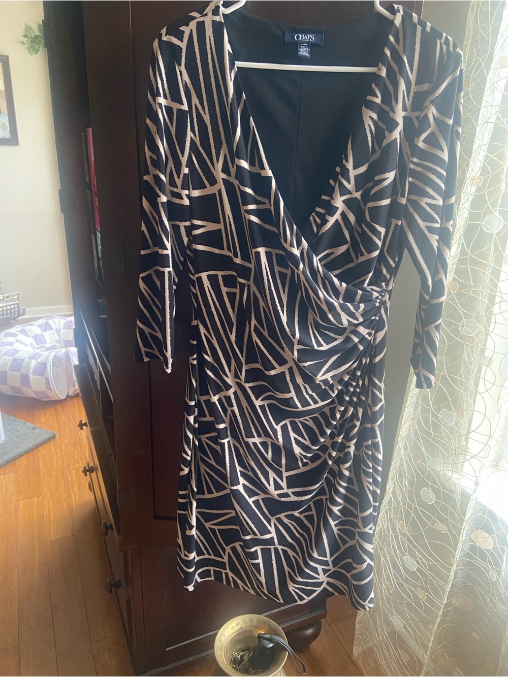 Chaps Black and Cream Geometric Faux-Wrap Midi Dress